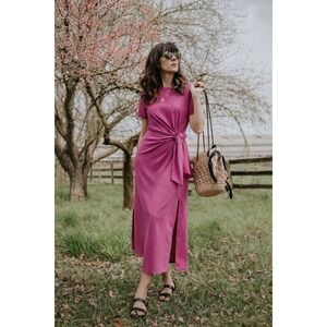 Sézane Pippa maxi dress size S fuchsia tie waist jersey midi